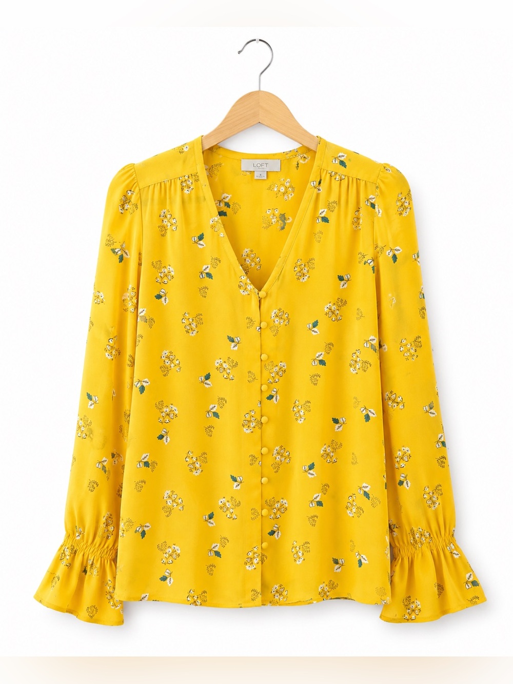 LOFT Yellow Floral Button Front Blouse Small Feminine Boho Workwear Top